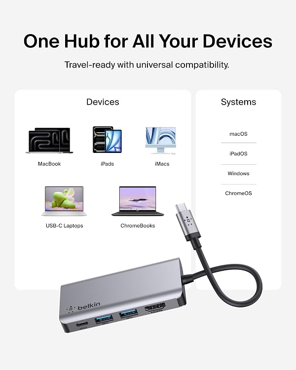 Belkin USB C Hub, 4-in-1 Multi-Port Laptop Dock with 4K HDMI, USB C Docking Station with 100 Watt Pass-Through Power Delivery, 2 X USB A Ports For MacBook Pro, Air, iPad Pro, Chromebook and More by Belkin - Image 7