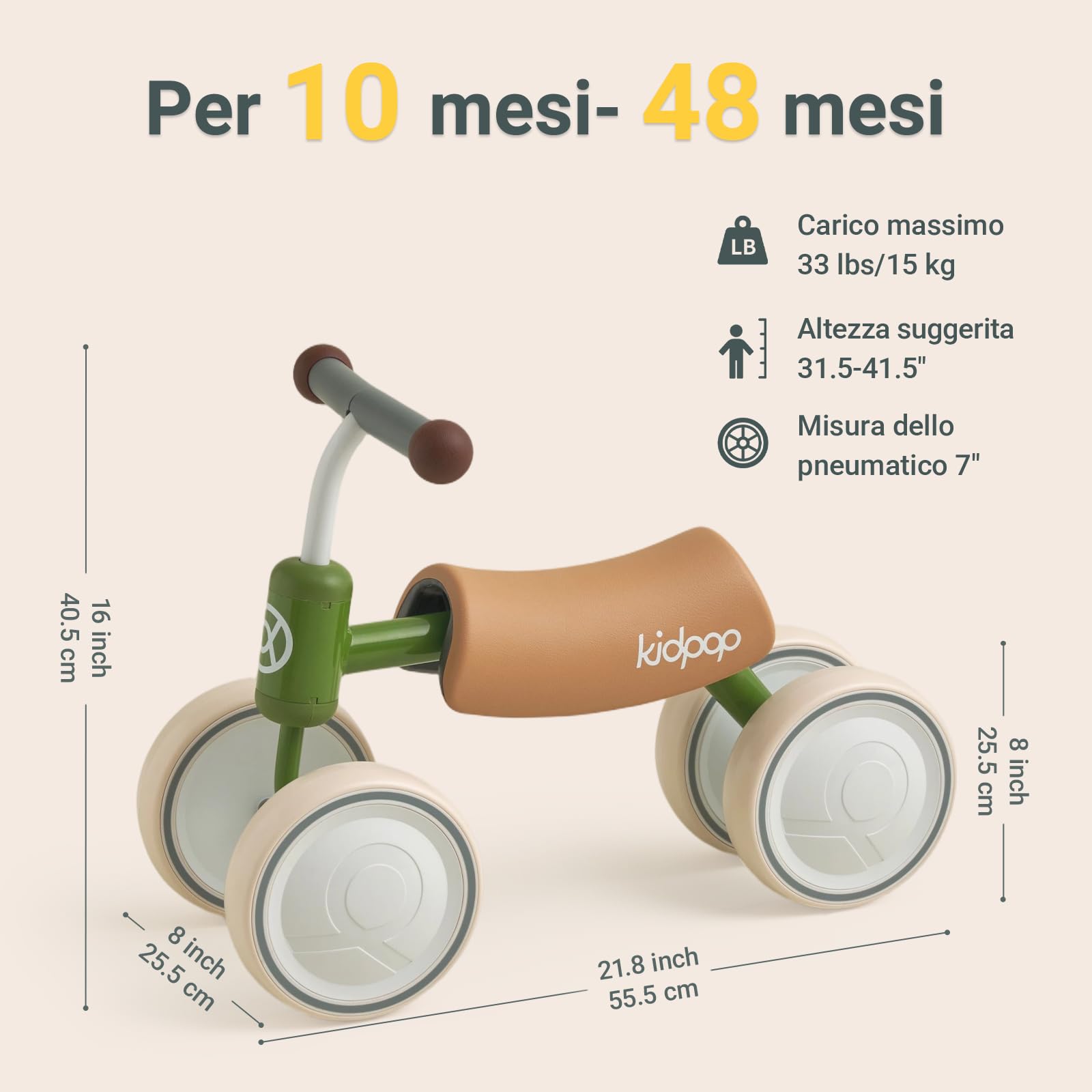 kidpop Big Bee Baby Balance Bike (unisex), quattro ruote per bambini dai 1 ai 2 anni, regalo per il primo compleanno, la prima bicicletta per i più piccoli