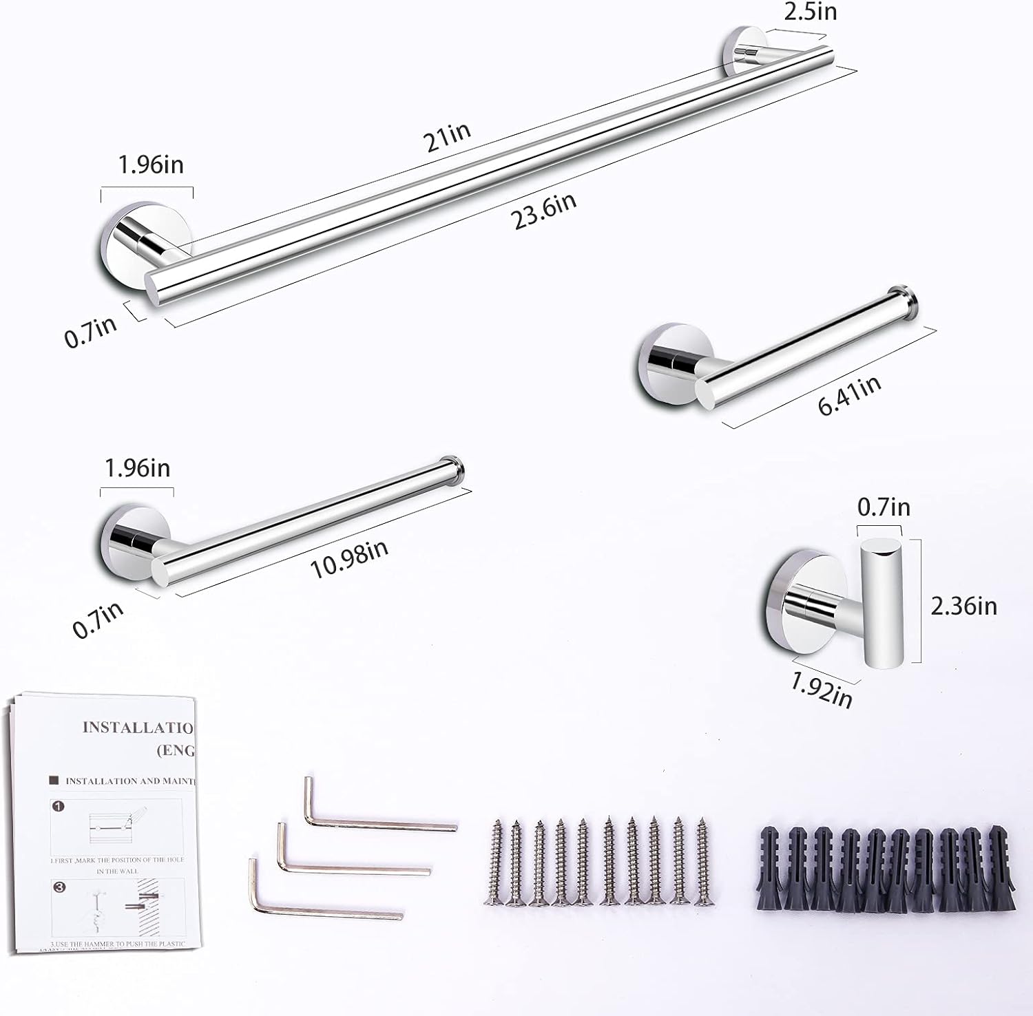 Towel Bar for Bathroom（4 pack/304 Stainless Steel） with 23.6" Towel bar，Toilet Paper Holder，Hand Towel bar and Robe Hook | Bathroom Hardware Set : Tools & Home Improvement