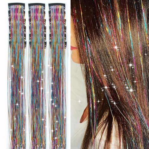 18pcs Hair Tinsel Clip in Hair Tinsel Kit Glitter Tinsel Hair Extensions 20Inch Sparkling Fairy Hair Tinsel Shiny Hair Accessories for Women Girls Kids (Rainbow)