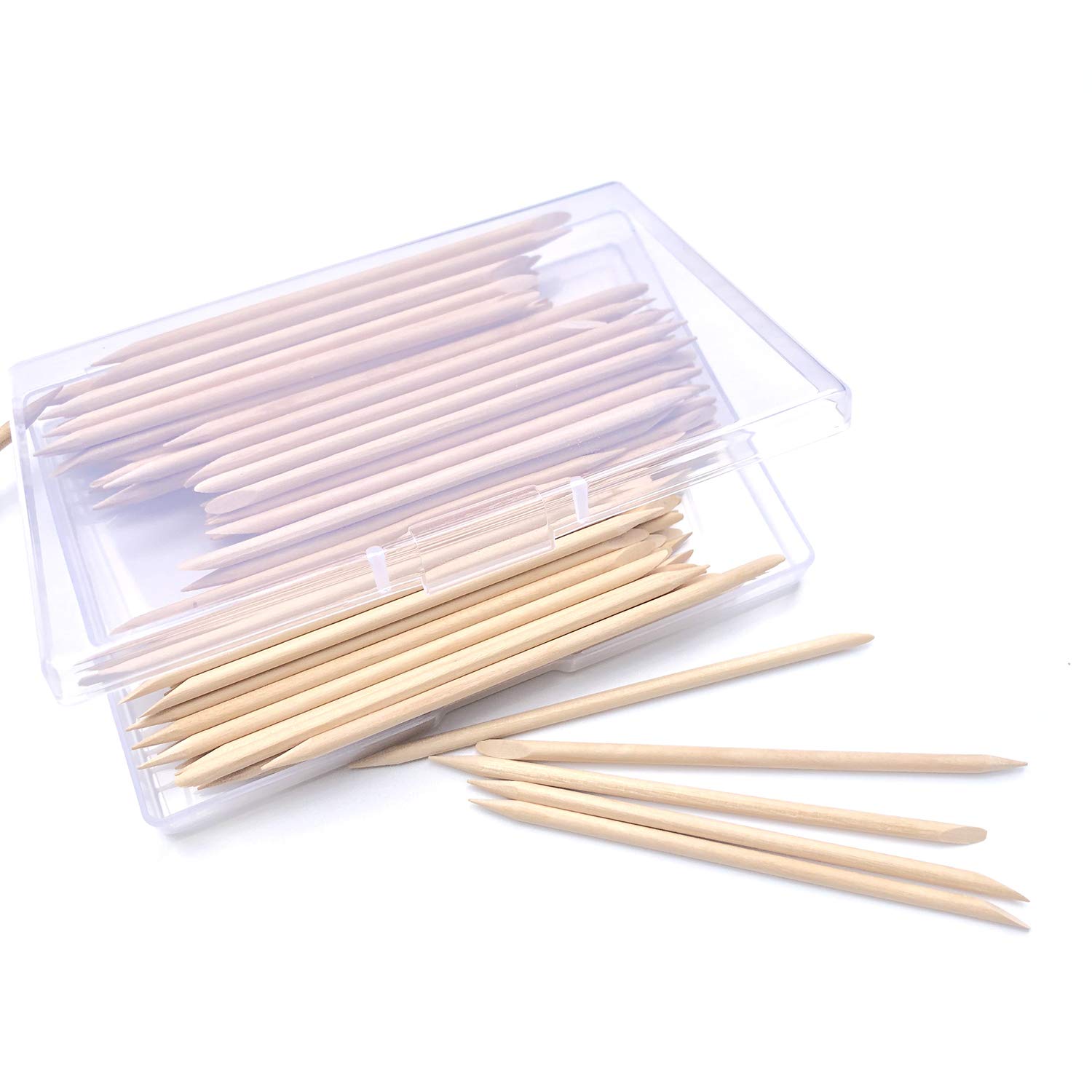 100 PCS Wood Nail Sticks Orange Sticks for Nails LAKYTION Double Heads Nail Art Cuticle Pusher Remover Manicure Pedicure Tool with Storage Case, 4.5 Inch