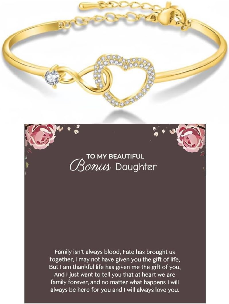 To My Bonus Daughter Forever Connected Bracelet, Infinity Forever Love Heart Bracelets You Are Always In Mine From Mom Cubic Zirconia Adjustable Inspirational Gift Jewelry