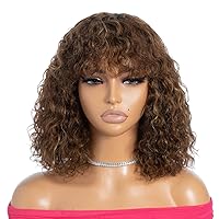 Vista 17 de Rebecca Fashion Peluca de cabello humano rizado con flequillo de 10 pulgadas, peluca de cabello humano corto rizado con ondas de agua, pelucas
