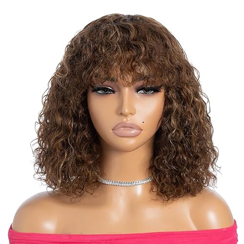 Miniatura 17 de Rebecca Fashion Peluca de cabello humano rizado con flequillo de 10 pulgadas, peluca de cabello humano corto rizado con ondas de agua, pelucas