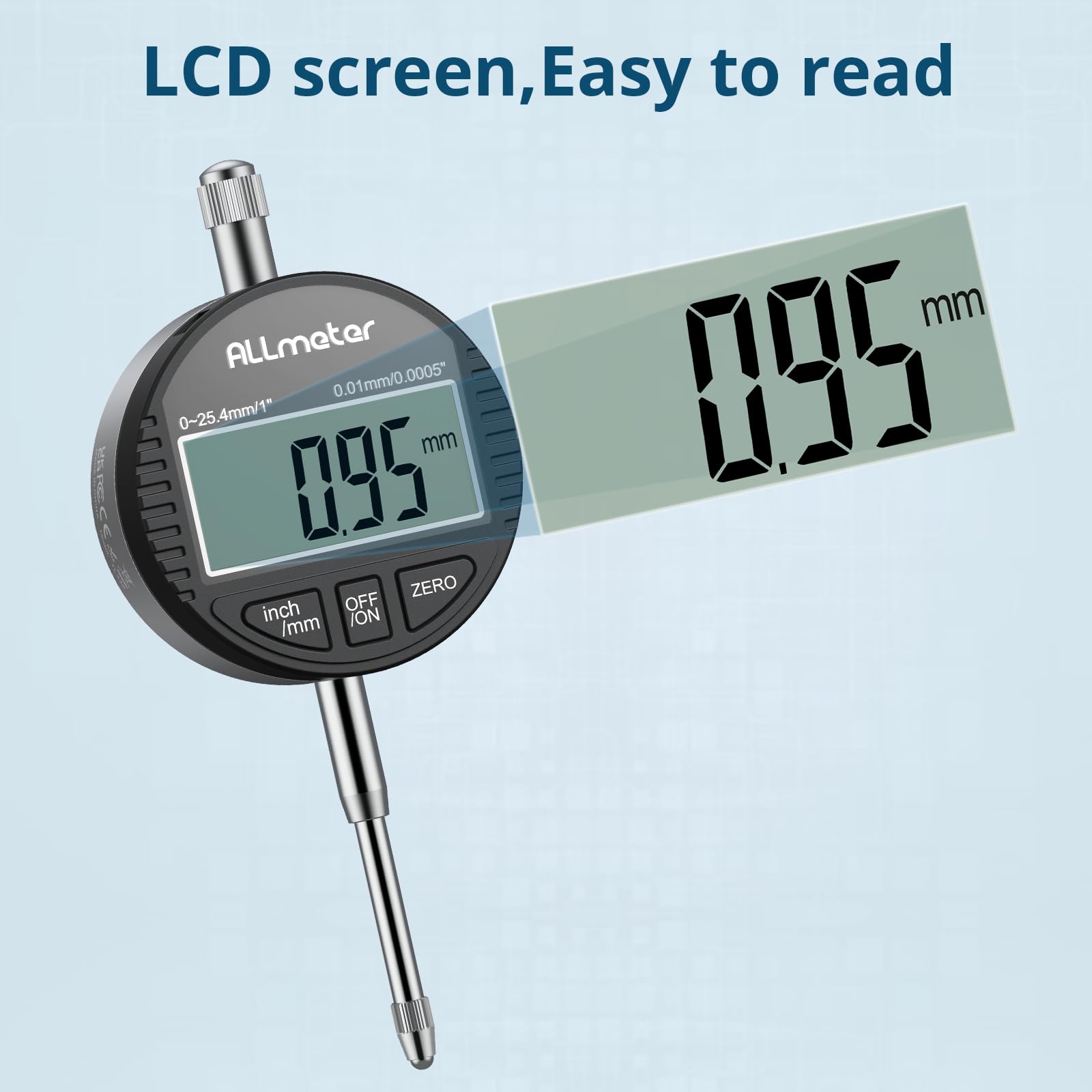 DTI Comparatore Centesimale Digitale con Sonda 0-25.4mm/1'', Risoluzione 0.01mm/0.0005'', Display LCD Retroilluminato, Unità Millimetri e Pollici, Indicatore Elettronico di Precisione - Nero