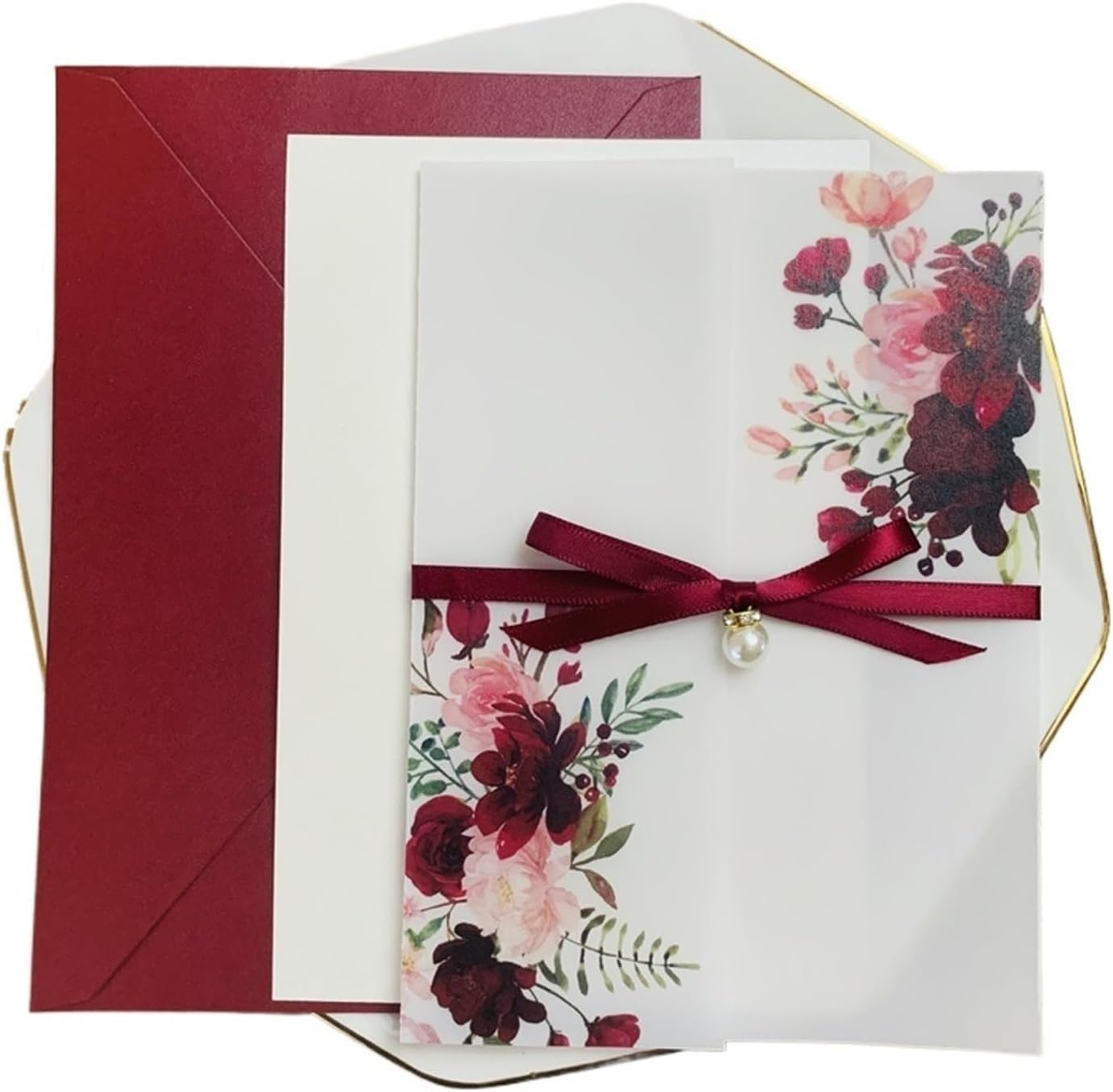 25pcs Blush Pink Floral Clear Vellum Jacket Cards Wedding Invitations with Envelopes Sweet 15 Invites(Burgundy,Pocket with Diamond)