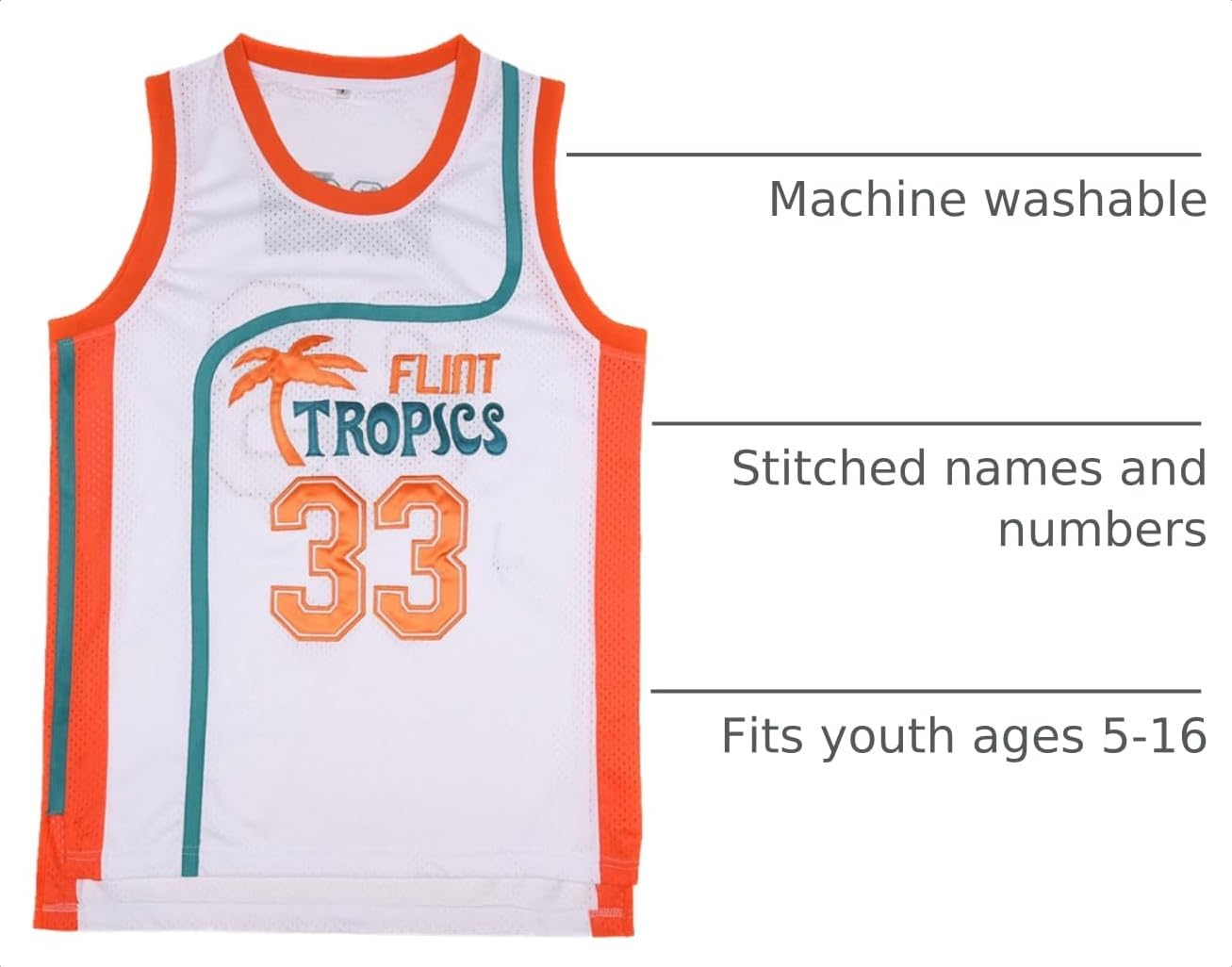 BOROLIN Youth Basketball Jersey #33 Jackie Moon Flint Tropics 90s Movie Shirts