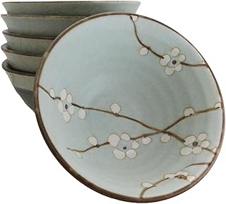 Ebros Gift Pack Of 6 Porcelain Made In Japan Soushun Sakura Spring Cherry Blossoms Blue Plum Rice Soup Appetizer Bowls 12oz 5" D Dinnerware Serveware Kitchenware Set Restaurant Supply