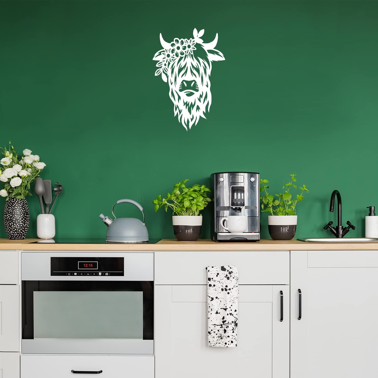 Vinyl Wall Art Decal - Highland Cow - 17 X 20 - Trendy Cute Farm Animal with Flowers Design for Home Office Living Room Kitchen Country Style Shape Store Decor (White)