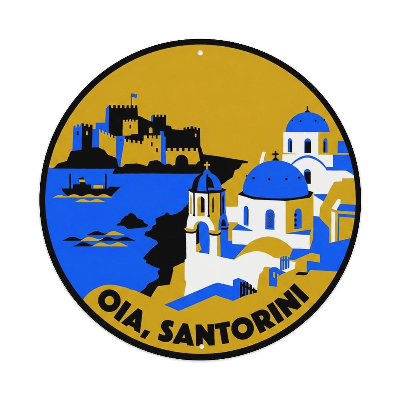 Oia Byzantine Castle Santorini Greece Blue Dome Village Metal Tin Sign
