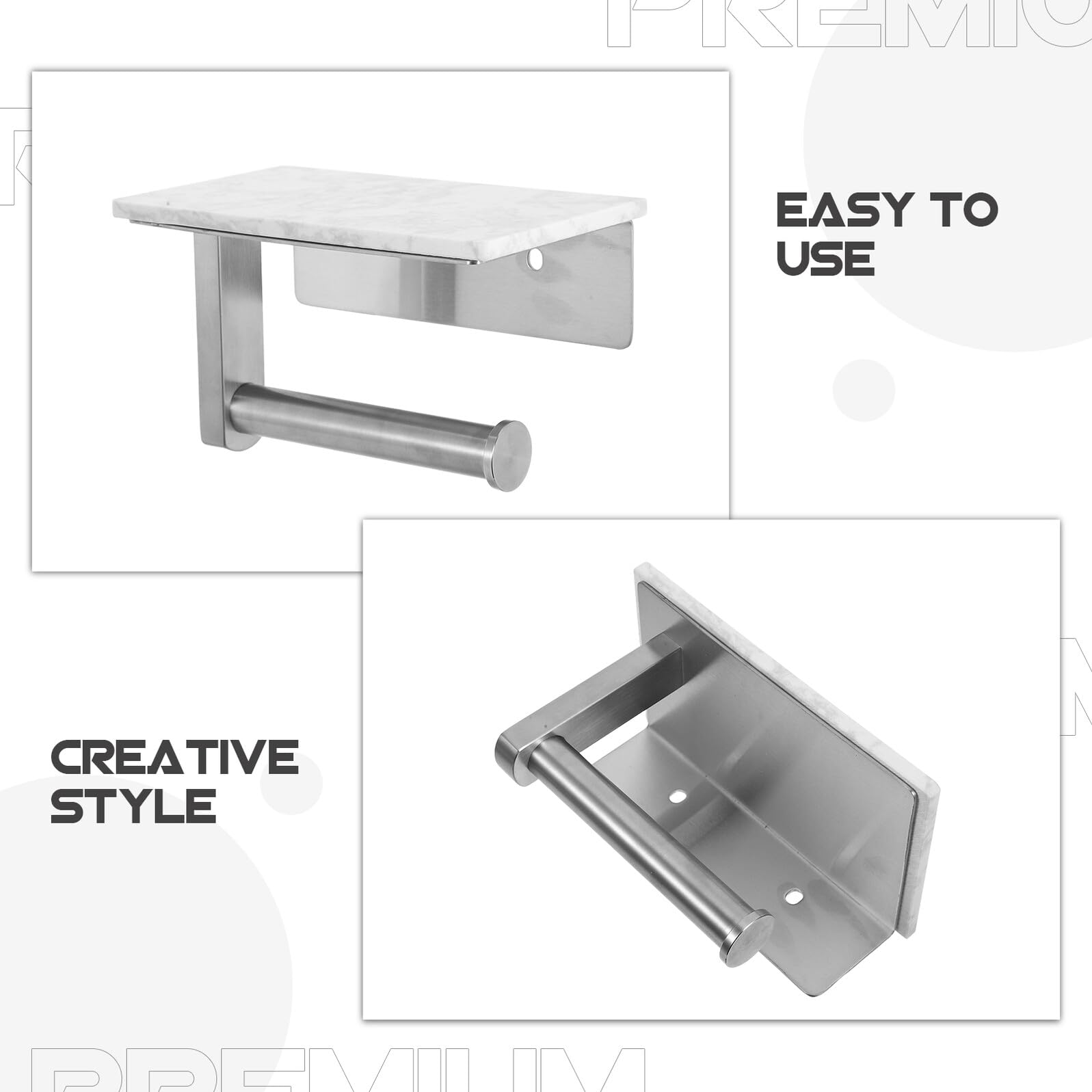 Portarrollos de Papel Higiénico de Pared con Repisa de Mármol | Acero Inoxidable, Formato 17x10cm, Diseño Moderno Elegante, Almacenamiento y Mantenimiento Sencillo