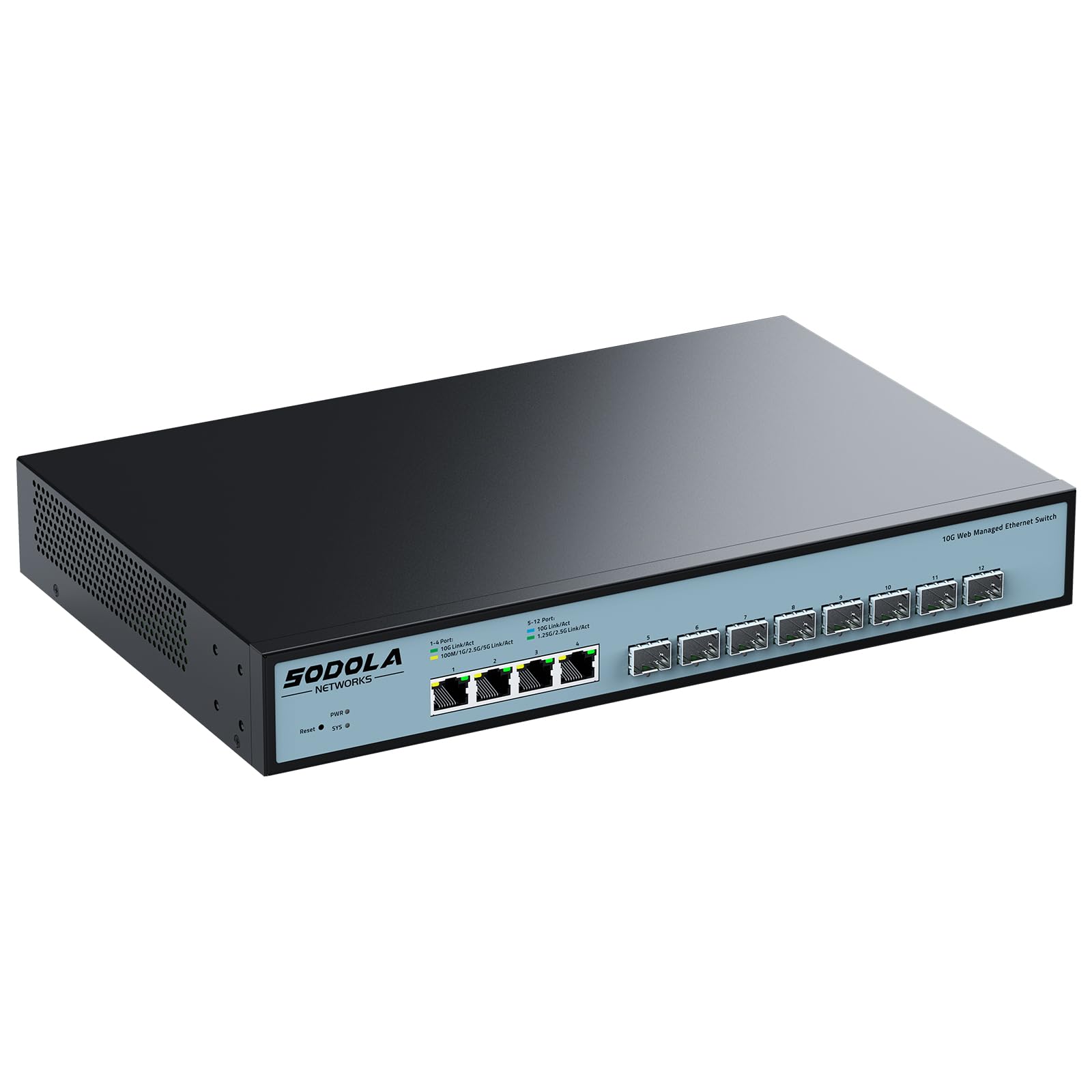 SODOLA 12 Port 10Gb Managed Switch, 8x10G SFP+ & 4x10GBase-T Ports, Fan Cooling, Support 1U Rack Mount, Web GUI for LACP/QoS/VLAN/SNMP 10G Multi-gig Network Switch