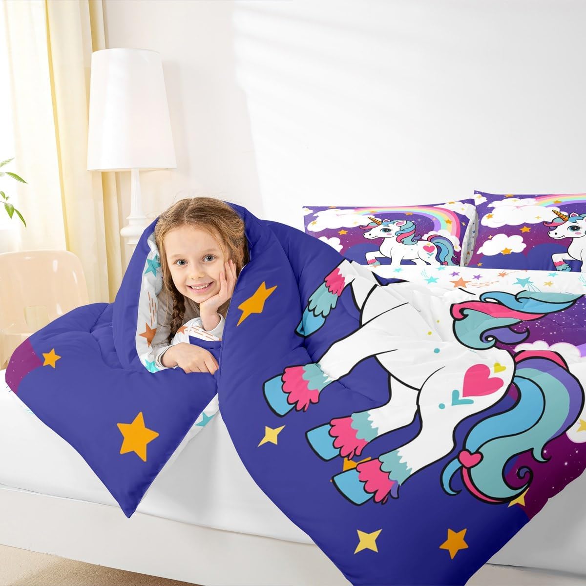 Feelyou Girls Unicorn Comforter Set Cute Rainbow Unicorn Twin Size Bedding Set for Kids Girls Galaxy Stars Fantasy Duvet Quilt Princess Girly Bedroom Decor