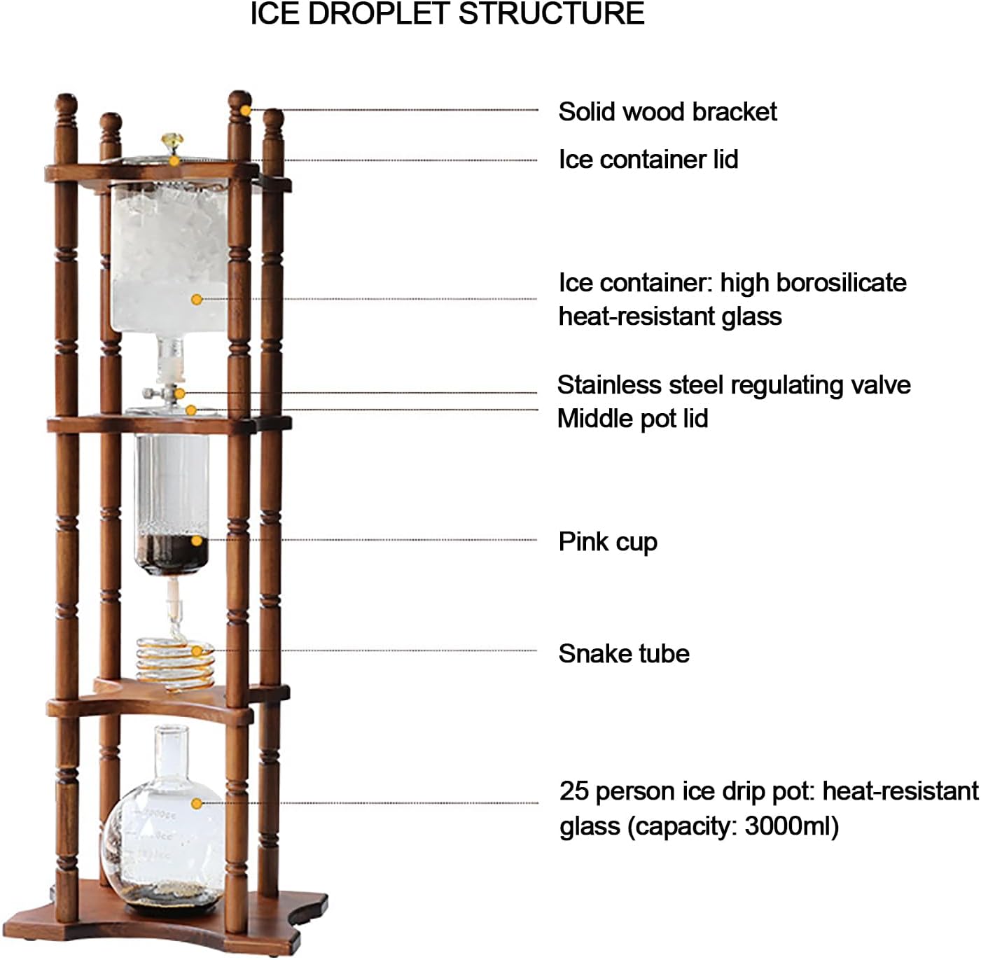 Cold Brew Drip Tower - 2500ml Iced Coffee Maker, Vertical Glass Container, Perfect for Home & Office, Commercial Use, Elegant Brown Design, Smooth Cold Brew Coffee
