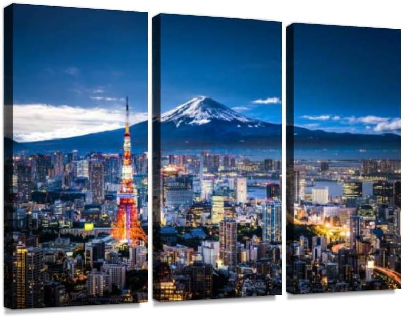 BELISIIS mt Fuji and Tokyo Skyline tourisms and Pictures Wall Artwork Exclusive Photography Vintage Abstract Paintings Print on Canvas Home Decor Wall Art 3 Panels Framed Ready to Hang