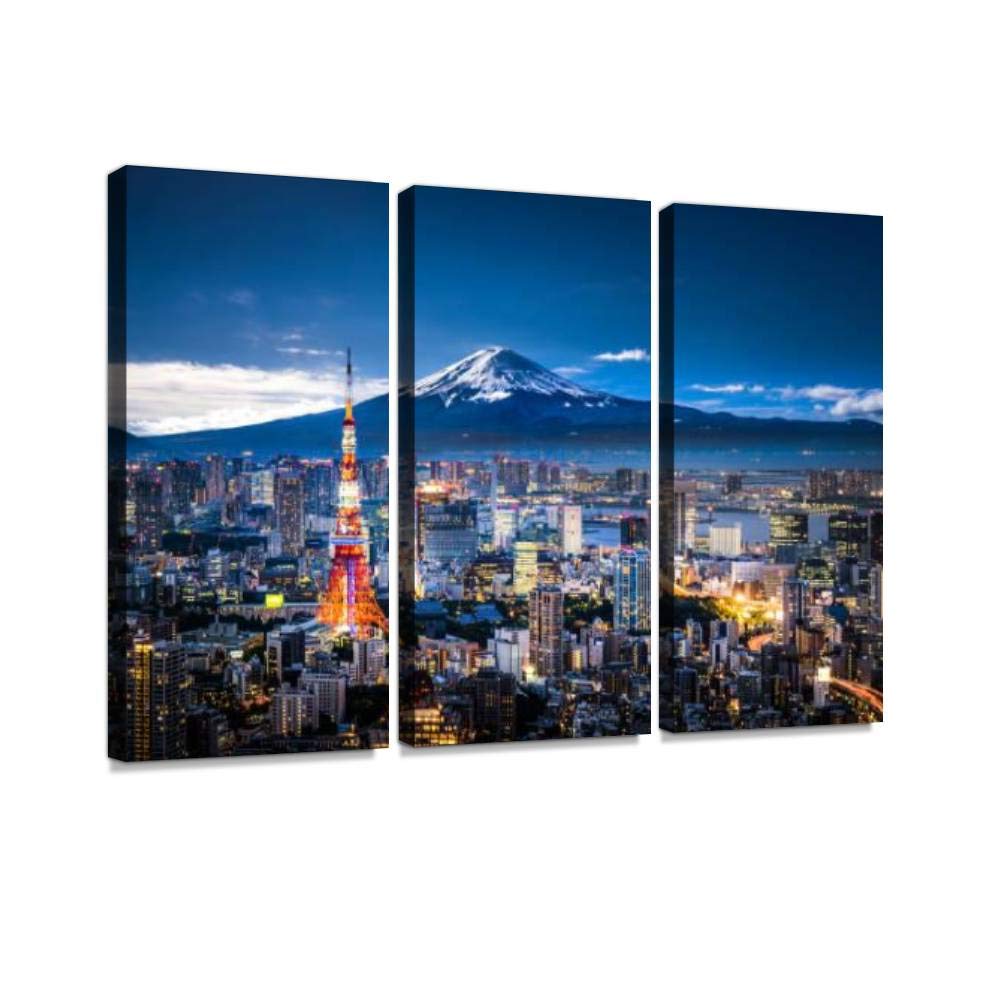 BELISIIS mt Fuji and Tokyo Skyline tourisms and Pictures Wall Artwork Exclusive Photography Vintage Abstract Paintings Print on Canvas Home Decor Wall Art 3 Panels Framed Ready to Hang