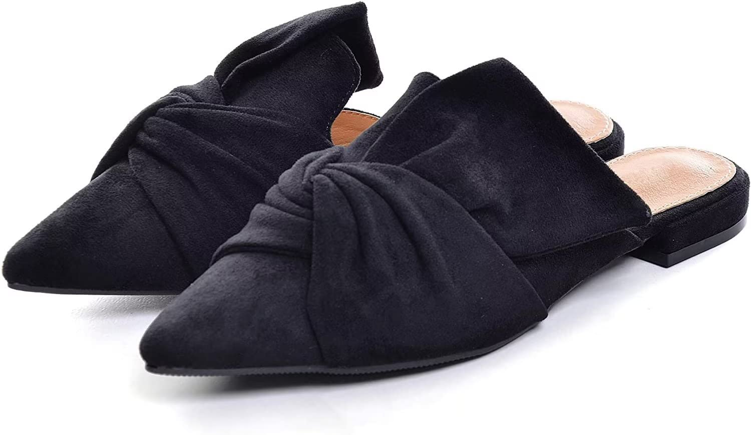 VFDBVFDB Women's bowtie Mule Slippers Summer Pointy Toe Loafers Slip On Flat Shoes