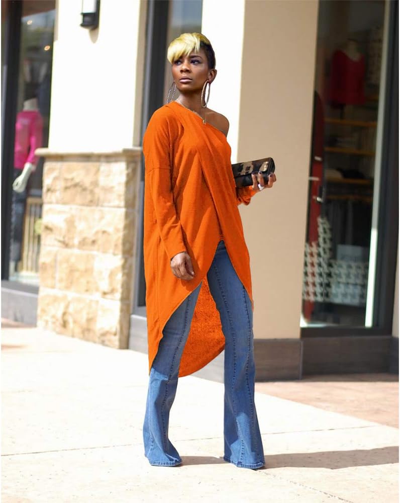 Remelon Women's High Low Tunics Long Sleeve Front Split Tops Casual Loose Blouse Cover Ups - Image 5