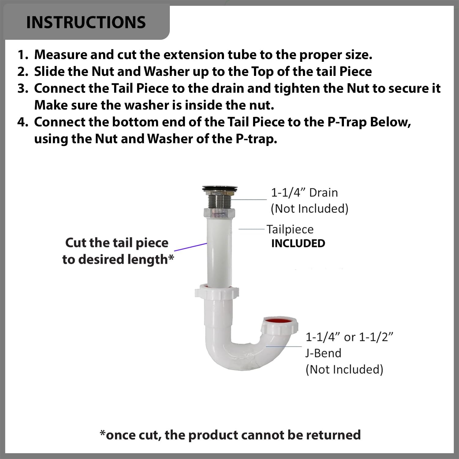 Sink Tailpiece Pipe 1-1/4 inch x 8 inch, Tubular White Plastic Plumbing Fitting with Flanged Lip, Drain Connections for Kitchen, Bathroom, Laundry Sinks [MADOL]