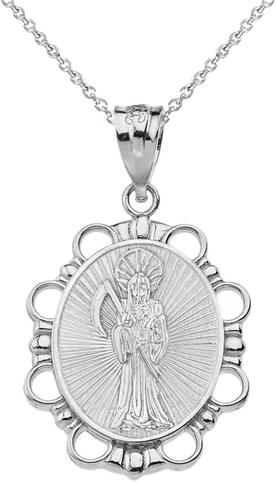 Sterling Silver Santa Muerte (Grim Reaper) Oval Charm Pendant Necklace