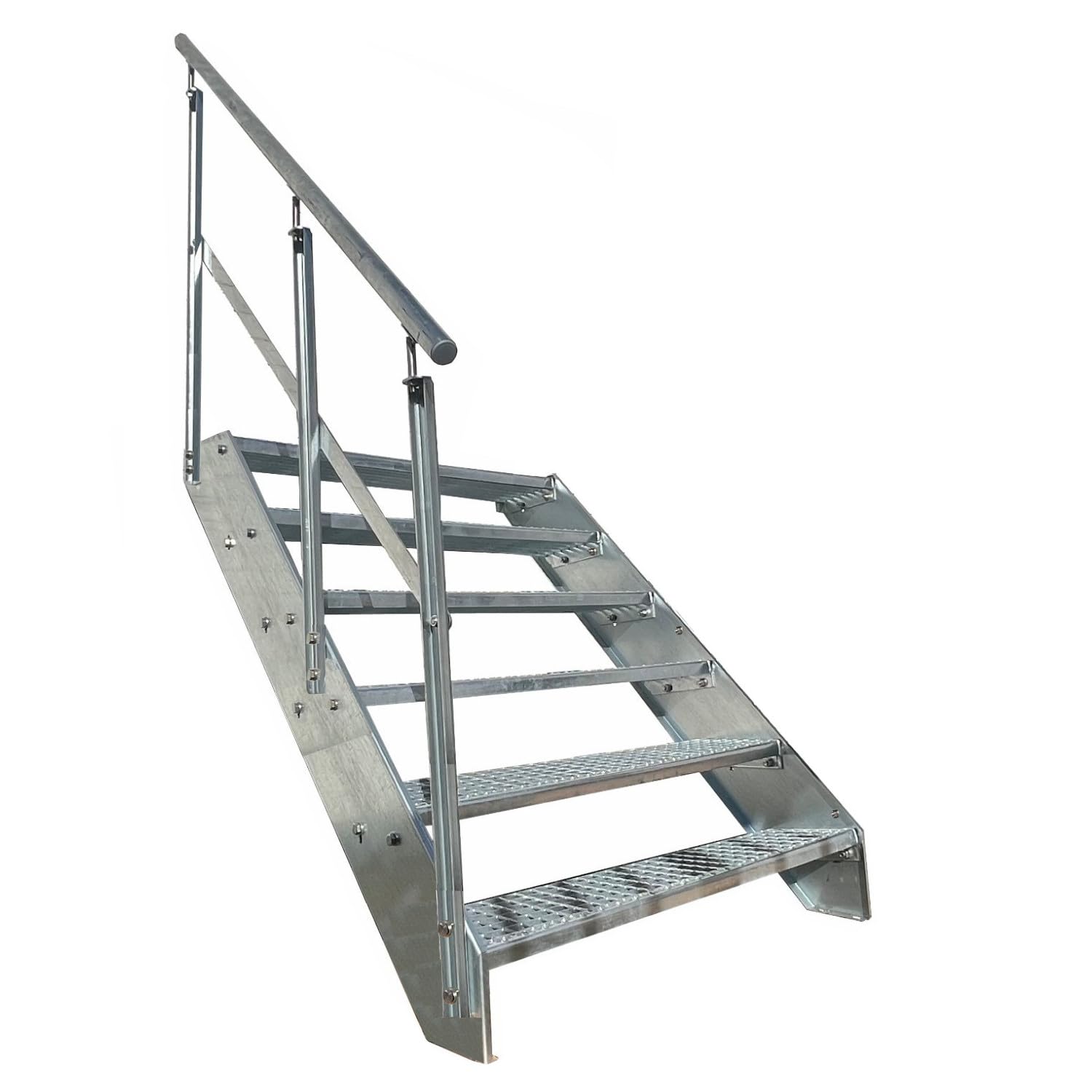 Premium Stahl Treppe Geländer Links Verzinkt 6 Stufen (Breite 1200 mm) (Höhe 114 cm) Wetterfest Gitterroststufe Gartentreppe