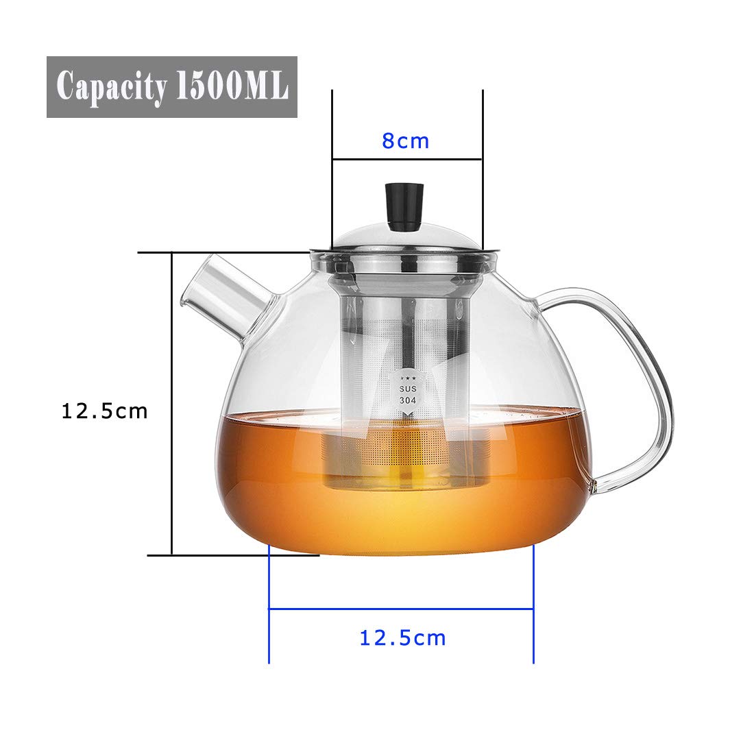 CANDeal 1500ml Teekanne Glas Borosilikatglas Teebereiter mit 18/10 Edelstahl Stövchen Abnehmbare Sieb Rostfrei Hitzebeständig für schwarzen Tee grüner Tee Fruchttee duftender Tee und Teebeutel