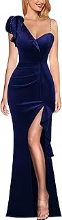 Womens Formal Prom Elegant Ruffle One Shoulder Beaded Strap Ruched Slit Maxi Dress Wedding Evening Long Gown
