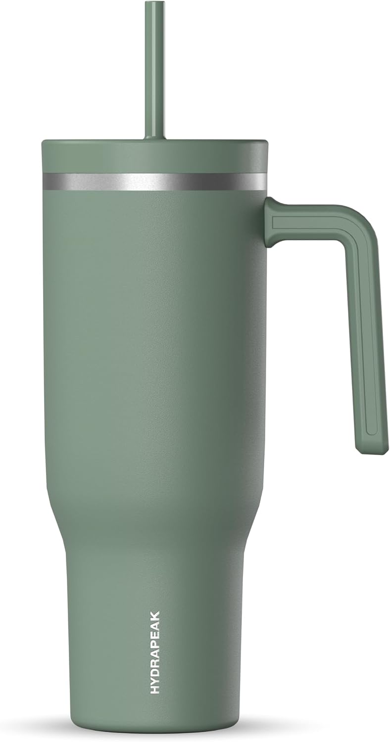Hydrapeak Voyager 40 Oz Stainless Steel Tumbler with Handle, Insulated Water Bottle With Straw & Lid, Cupholder Friendly Reusable Travel Mug (Sage Leaf)