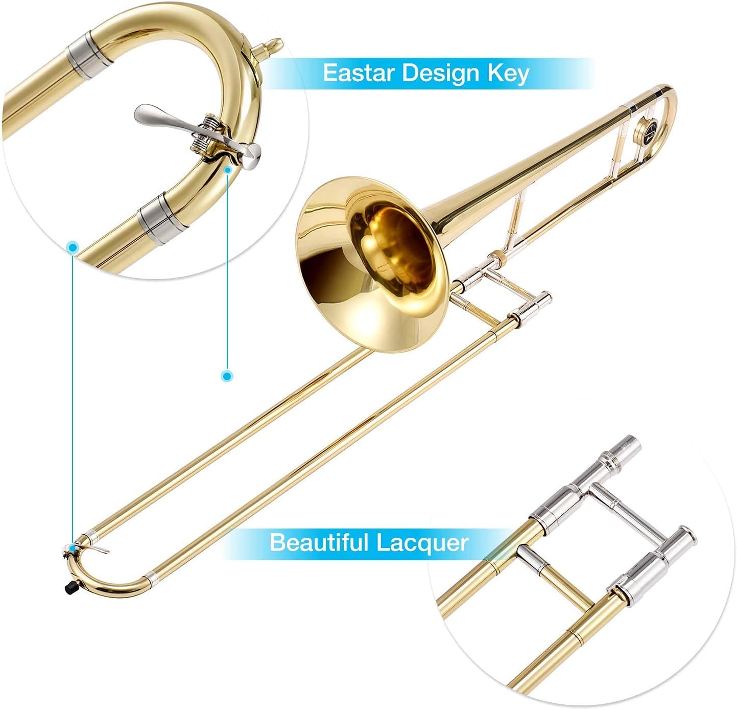 Eastar Trombone Tenor Slide Trombone Bb Tenor Trombone B Flat Gold Lacquer Student Trombone Beginner with Carrying Bag Hard Case, Mouthpiece, Cleaning Kit Standard Trombone Full Kit, ETB-330 : Musical Instruments