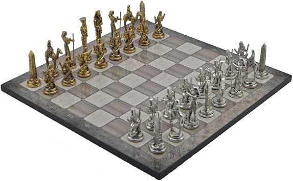 Metal Chess Set for Adults Ancient Egypt Pharaoh Figures,Handmade Pieces and Different Design Patterned Wooden Chess Board King 3.4 inc Platin Oak