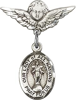 Sterling Silver Baby Badge with Our Lady of All Nations Charm and Angel w/Wings Badge Pin 7/8 X 3/4 inches