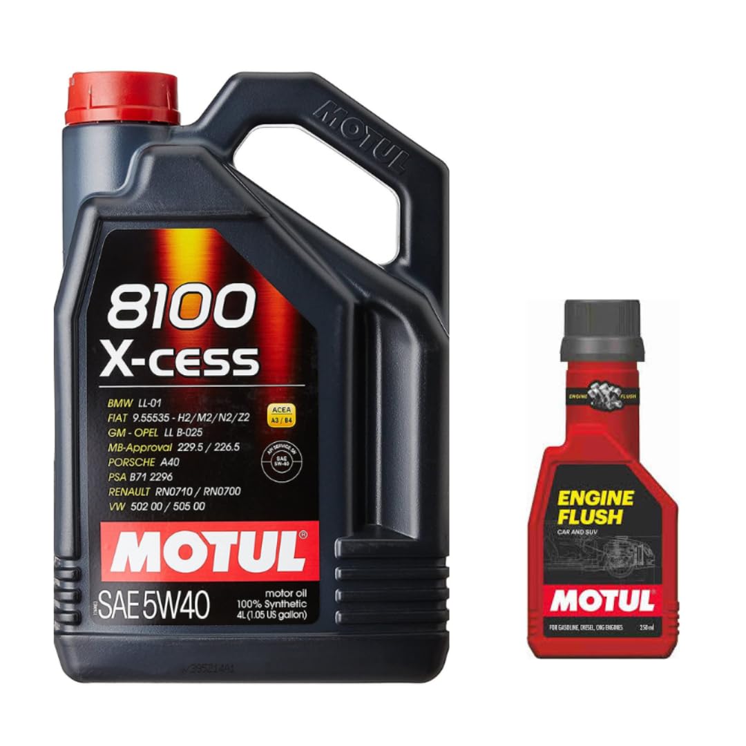 Motul 8100 X-Cess 5W-40 API SN/CF Fully SynThetic Gasoline and Diesel Engine Oil (4 L) and Engine Flush (250ml) Combo