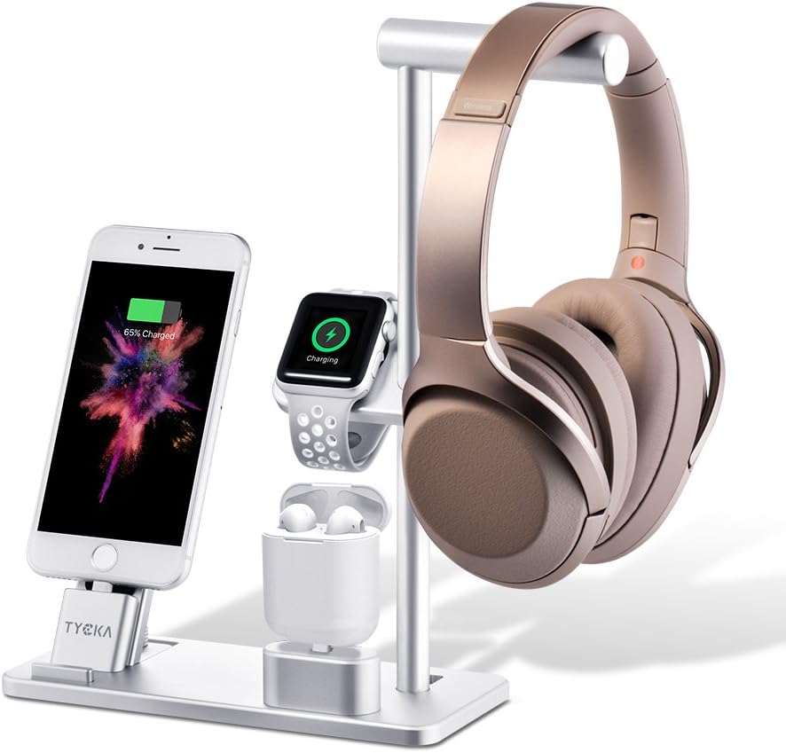 TYCKA Charging Stand, Aluminum 4 in 1 Phone Stand Watch Holder Wireless Headset Stand with Headphone Holder for Apple Watch Series 3/2/1, iPhone X 8Plus 8 7Plus 7 6s 6Plus, Airpods iPad with Silver