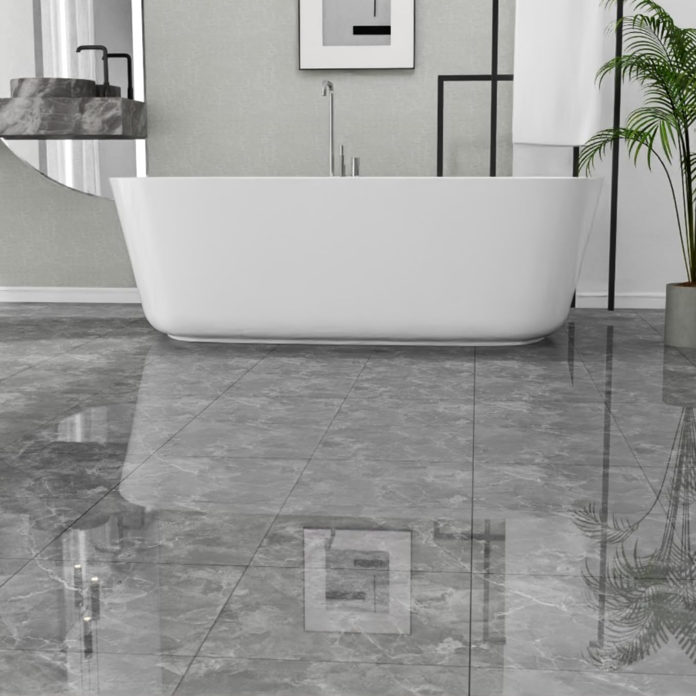 30-Pack 30 Sq.Ft Peel and Stick Floor Tiles Vinyl Glossy Pattern Flooring, 12” x 12” Self Adhesive Vinyl Flooring DIY for Kitchen, Bathroom, Laundry, Polish Dark Grey Marble