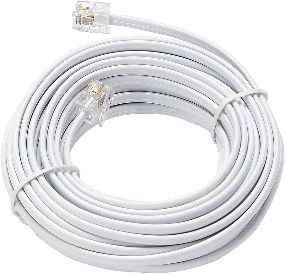 Telephone Extension Line Cord Cable Wire, Land Phone line, White, 25ft, Standard RJ11 Plugs