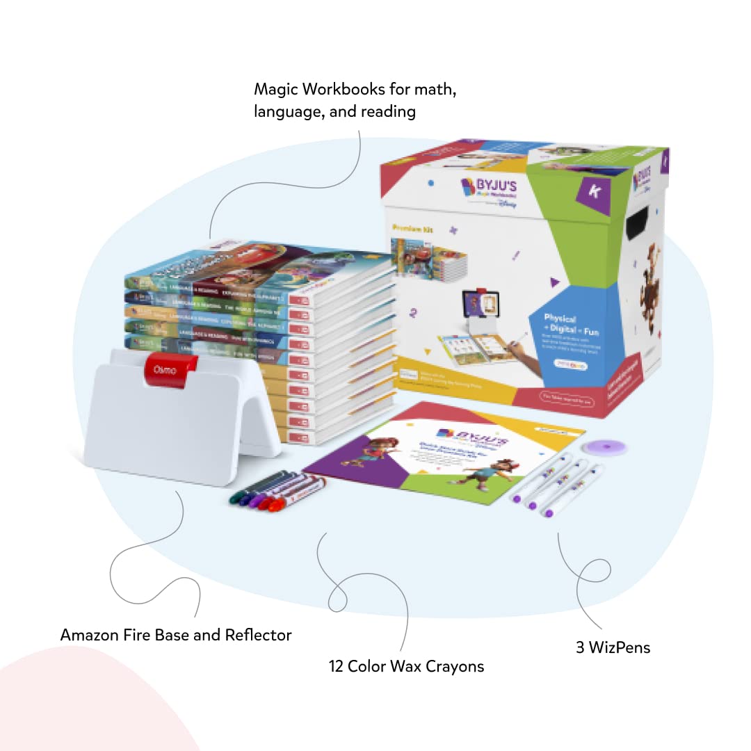 BYJU’S Learning Kit: Disney, Kindergarten Premium Edition (App + 10 Workbooks) Ages 4-6 - Featuring Disney & Pixar Characters - Learn Letter Sounds, Sight Words & Numbers - Osmo Fire Base Included