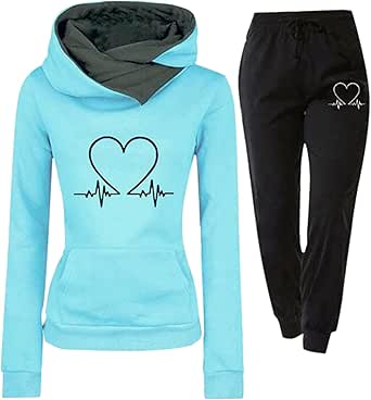 Ensemble De Jogging 2 Pièces Pour Femme Avec Sweat à Capuche Et Pantalon De Survêtement Graphique Motif Battement De Cœur Survêtement De Course Surdimensionné, 032 Bleu