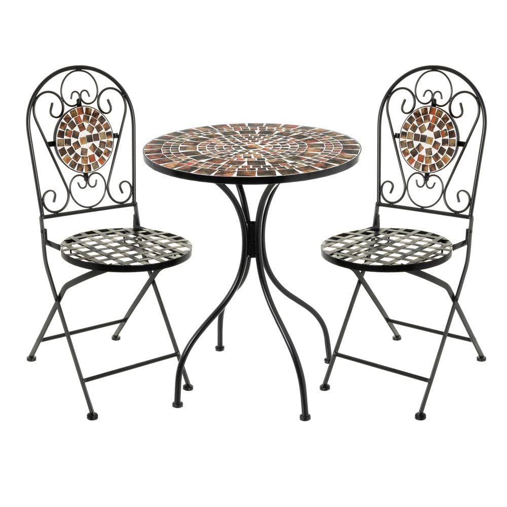 LOLAhome Conjunto de terraza de Mesa de 60cm con Mosaico y 2 Sillas Plegables de Exterior de Hierro Pintado para Jardín Balcón Terraza Patio (Negro, marrón y Naranja)