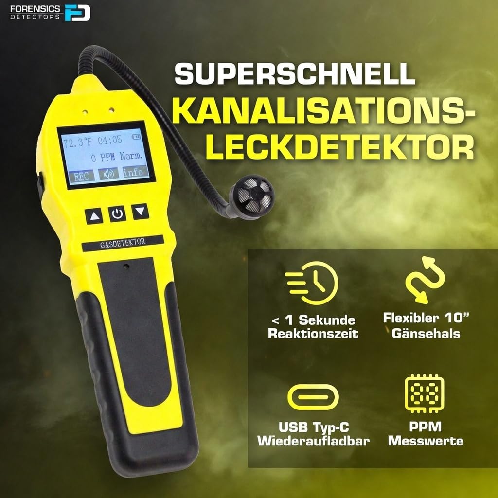 FORENSICS DETECTORS FD GASLECK | Einstellbare Alarme | 0-10,000ppm & 1 ppm Auflösung Anzeige | Wasser, Staub und Explosionsschutz | Li-Ion-Akku | Erdgas, Methan, Propan, Butan, H2, NH3 & Alkane