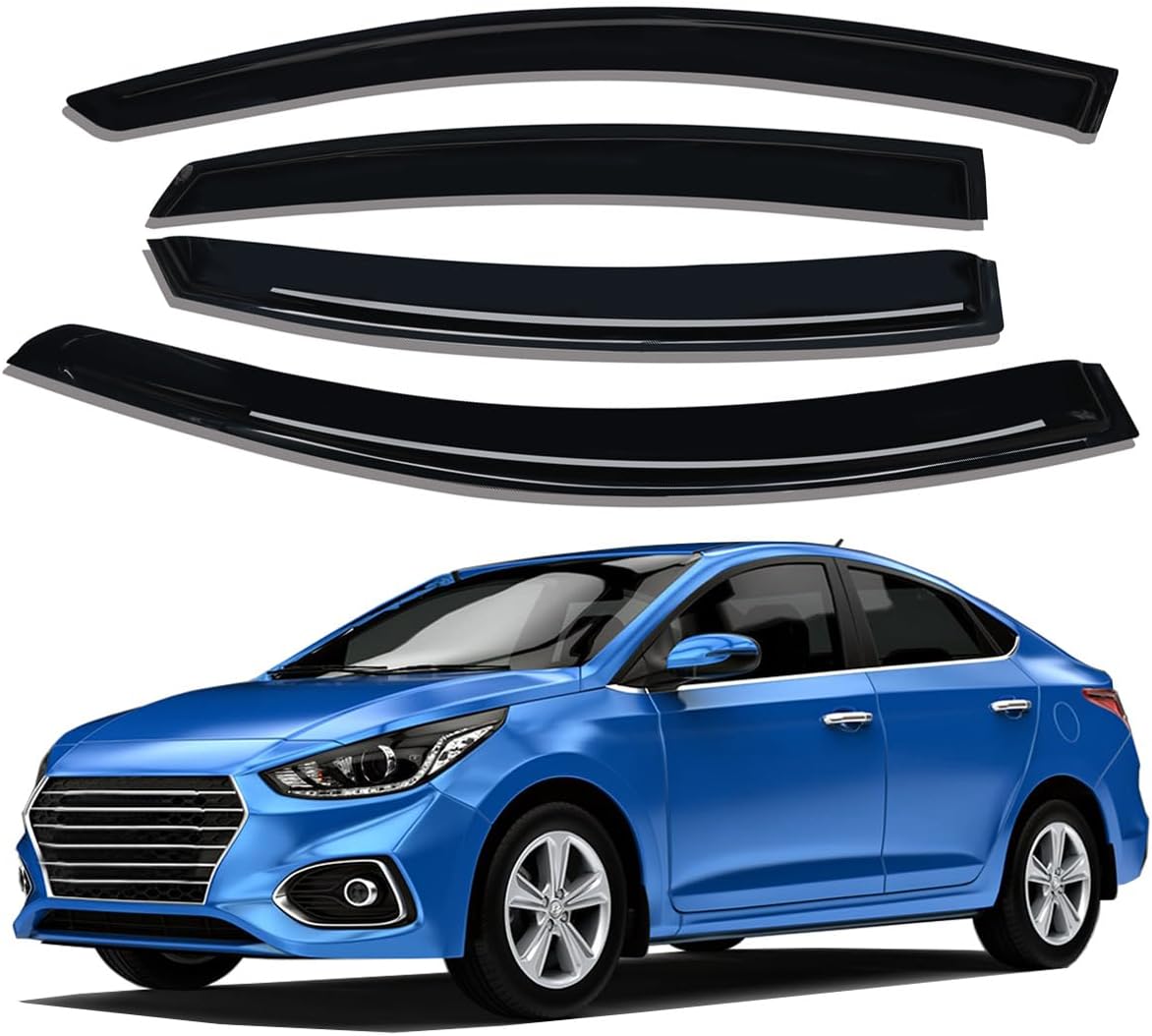 Lightronic Extra Durable Outside Mount Auto Vent Window Visor, Fits 2012-2017 Hyundai Accent (Sedan), UV Protection Rain Guard, Original Wind Deflector, No-Drill Easy Install, Dark Smoke, 4-Pcs