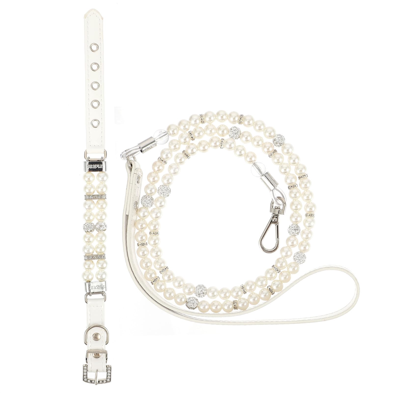 Artibetter Collare di Perle per Cuccioli e Guinzaglio Set 2 Pezzi, Collare Bianco a Forma di S in Filo d'Acciaio, Accessori per Animali Domestici per Foto e Uscite all'Aperto