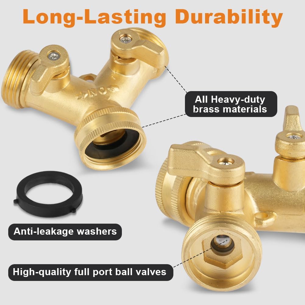 Flintronic 2 Way Brass Hose Splitter, 3/4" Tap Garden Hose Connector, Y Valve Tap Connector with Individual On/of and Two Quick Connector, Faucet Diverter for Garden, Outdoor, Courtyard (Golden)