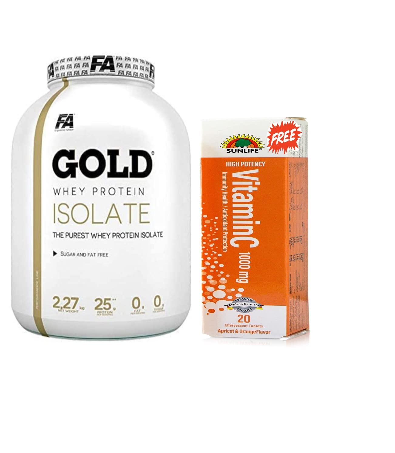 FA gold whey protein pure isolate sugar free 2270g (cookies with cream flavour) +SUNLIFE EFFERVESCENT VITAMIN C 1000 MG TAB 20 S free