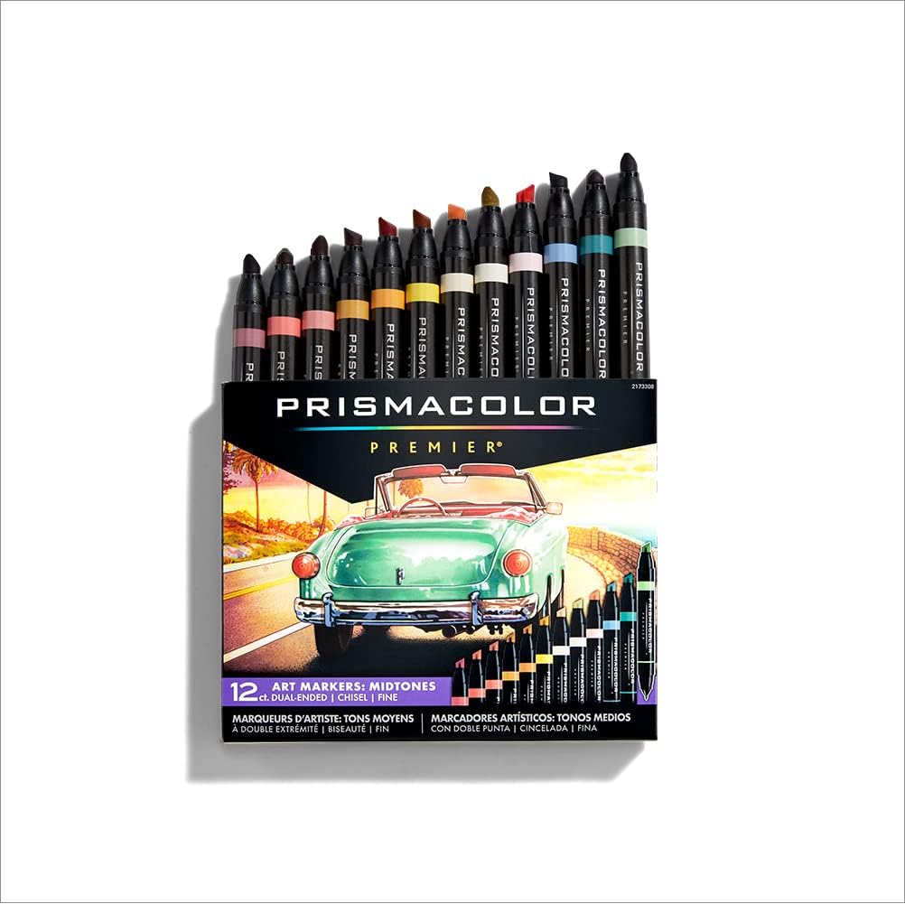 Prismacolor Premier Dual-Ended Art Markers, Chisel and Fine Tips, Mid-Tone Colors, 12 Count - Professional Quality for Artists, Adult Coloring, Drawing