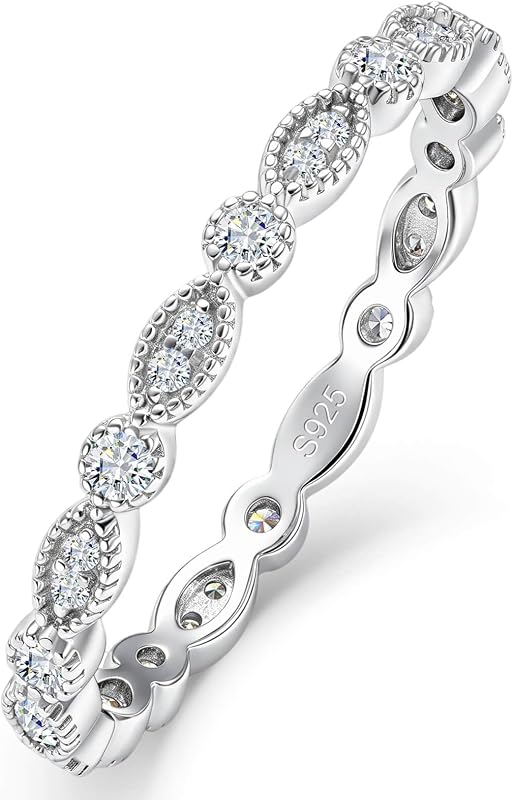 Moissanite Eternity Band Ring for Women - 925 Sterling Silver 14K White Gold Plated Alternating Round & Marquise Vintage Milgrain Stackable Wedding Band, Size 4-11