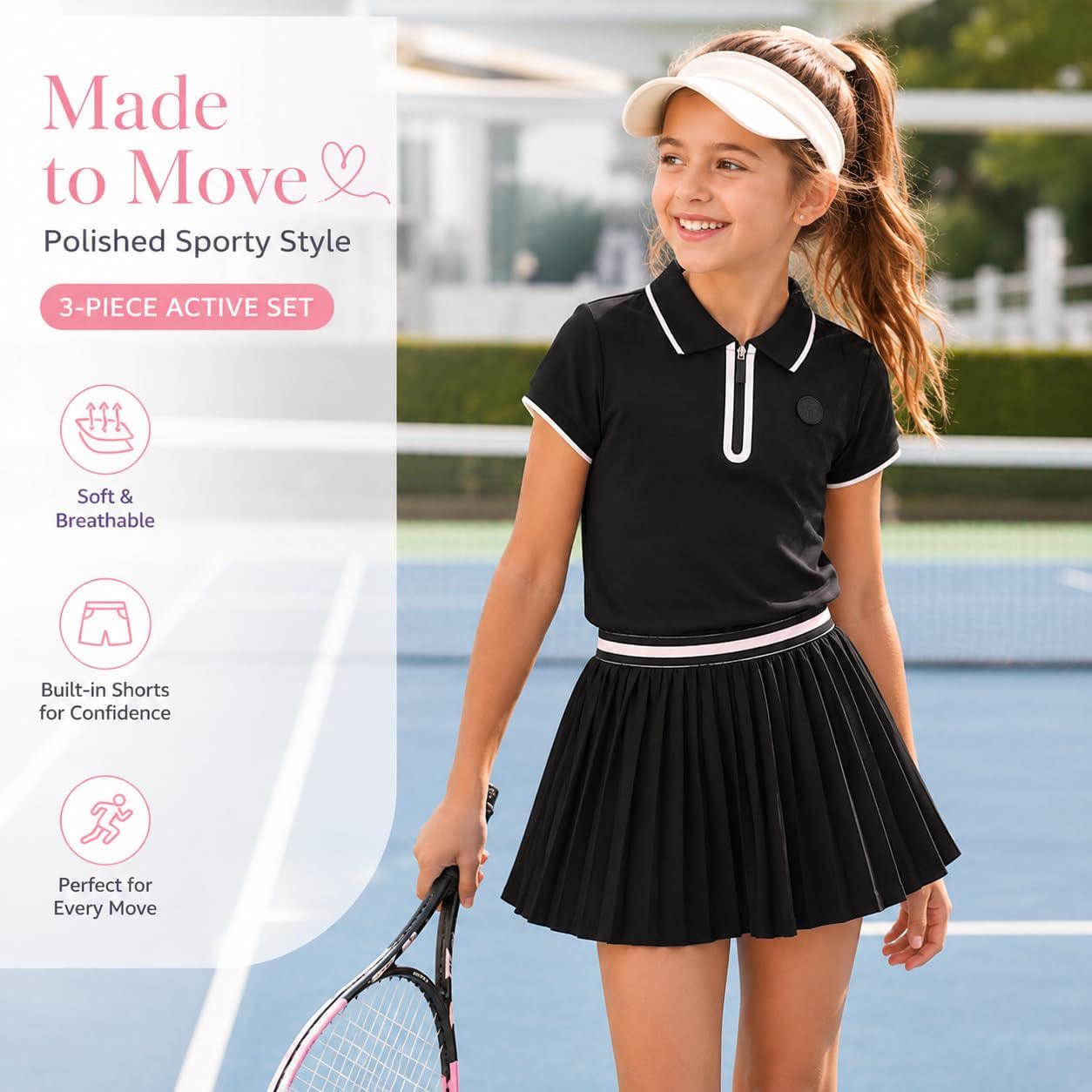 BTween Active Girls Polo Shirt & Tennis Skort Set – Short Sleeve Quarter Zip Polo Top with Pleated Skort