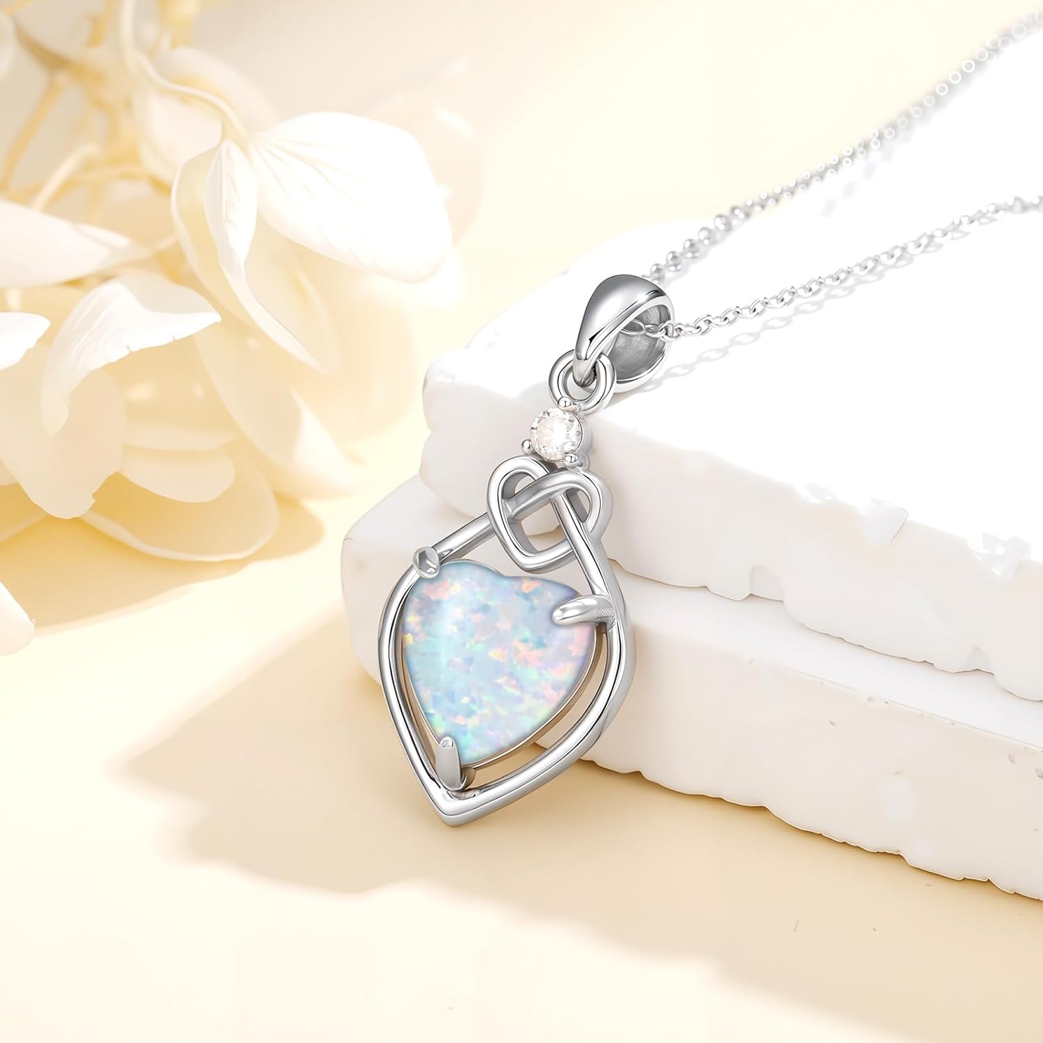 White Opal Necklace for Women Heart Shaped Opal Pendant Necklace with Genuine Diamond for Mother Wife - Image 2