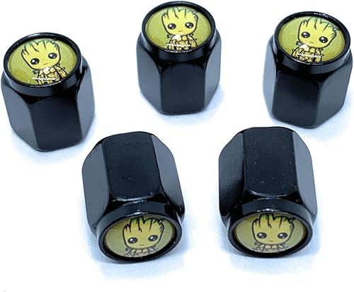 Groot - Death Star BB8 Millennium Falcon Stormtrooper - Tapones para válvula de neumático (paquete de 5) a prueba de polvo con sello de goma O para