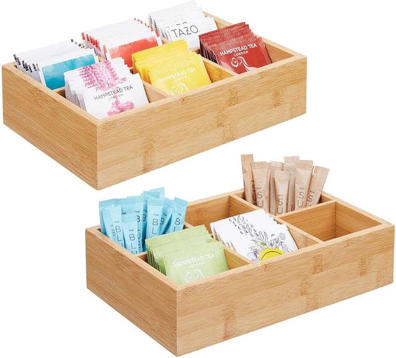 mDesign Caja organizadora de bambú para almacenamiento de té y alimentos – Estuche de madera para bolsas de té, café, aperitivos, azúcar, edulcorantes y paquetes pequeños – Colección Echo – Paquete de 2 – Madera natural