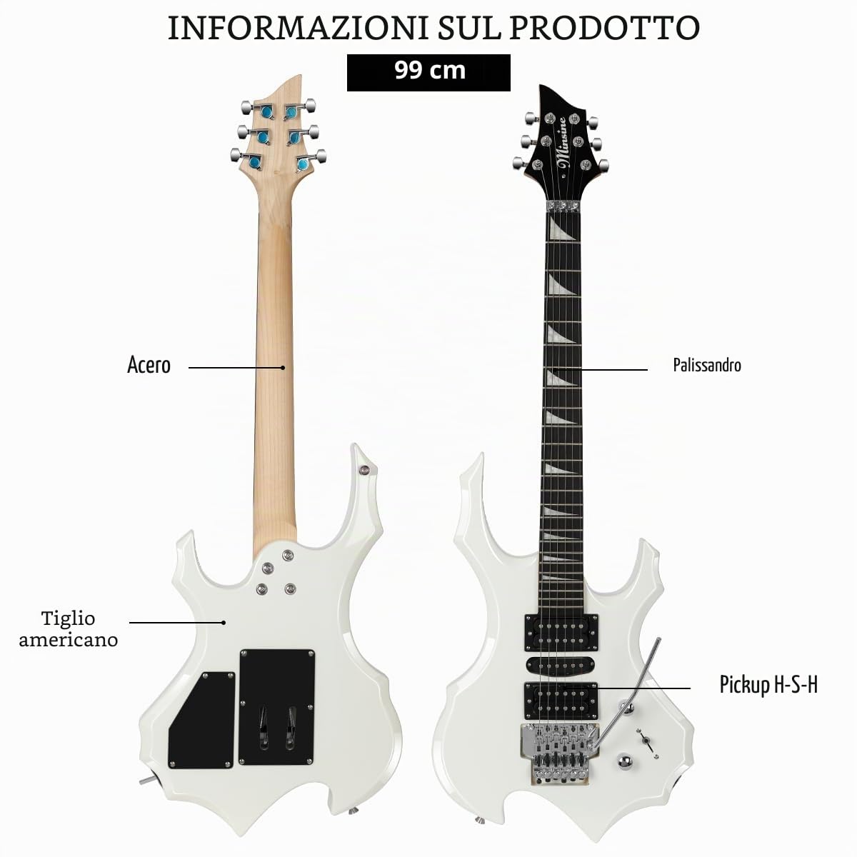 Chitarra elettrica per adulti principianti entry rock Tuta professionale con borsa, plettro, cavo, accordatore e tracolla. (bianco)